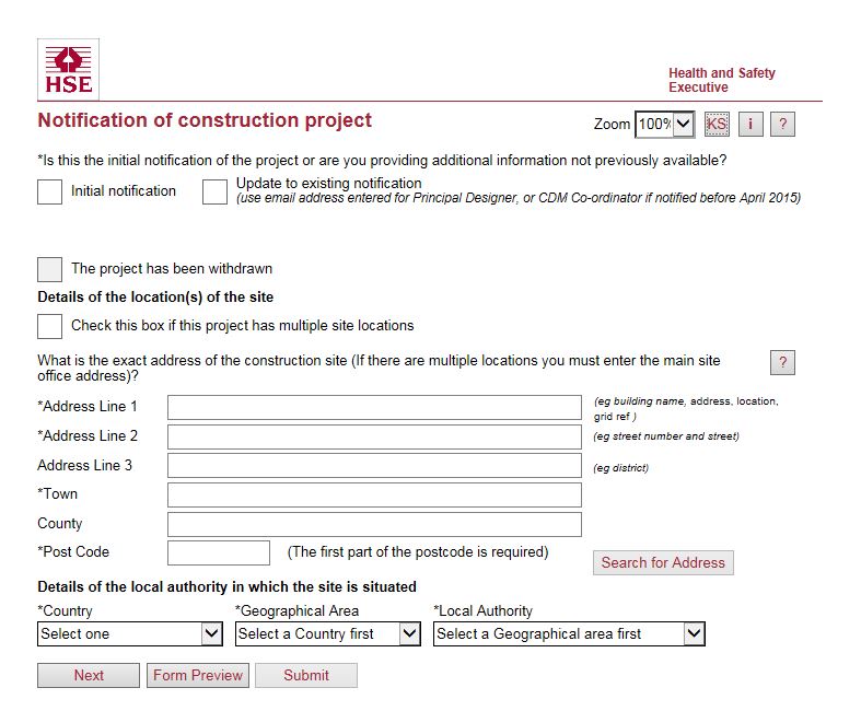 Notification of construction project form