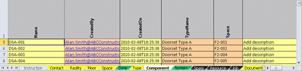 Figure 9 – The “Component” worksheet within a typical COBie spreadsheet