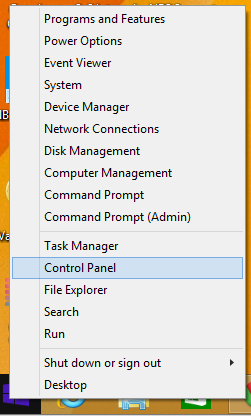 Menu showing Control Panel