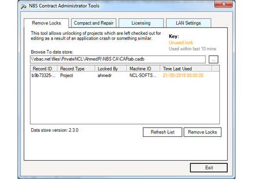 NBS Contract Administrator Tools dialogue box