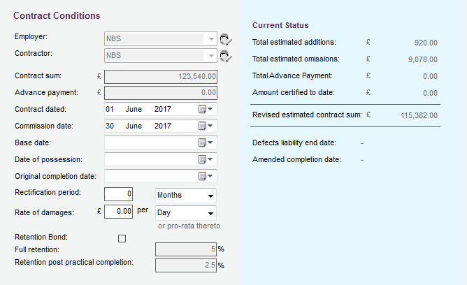 Contract conditions dialogue box