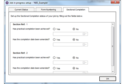 Job in progress setup dialogue box