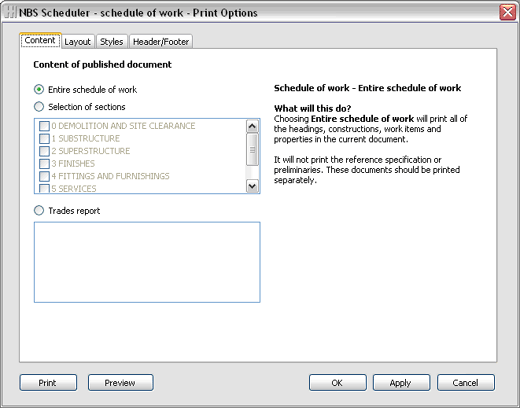 Print options dialogue box