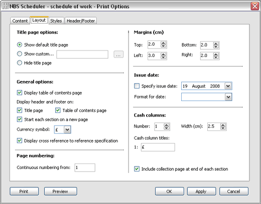 Print layout dialogue box