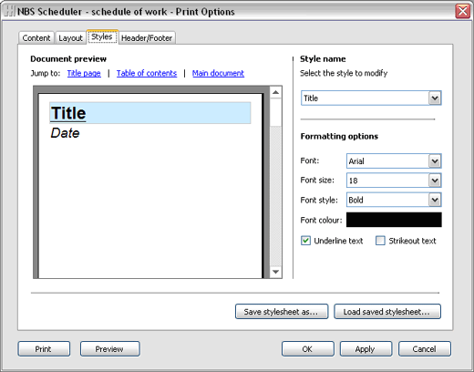 Print styles dialogue box
