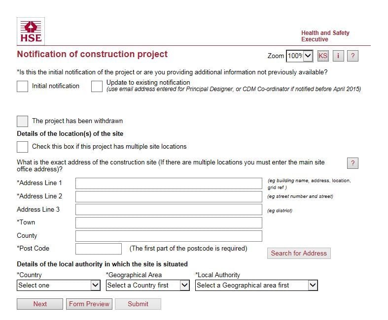 Notification of construction project form