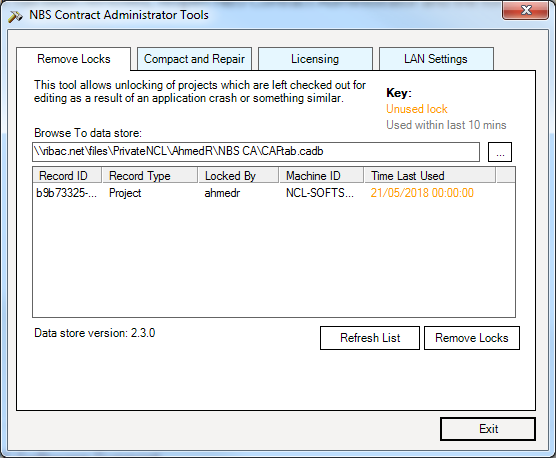 NBS Contract Administrator Tools dialogue box